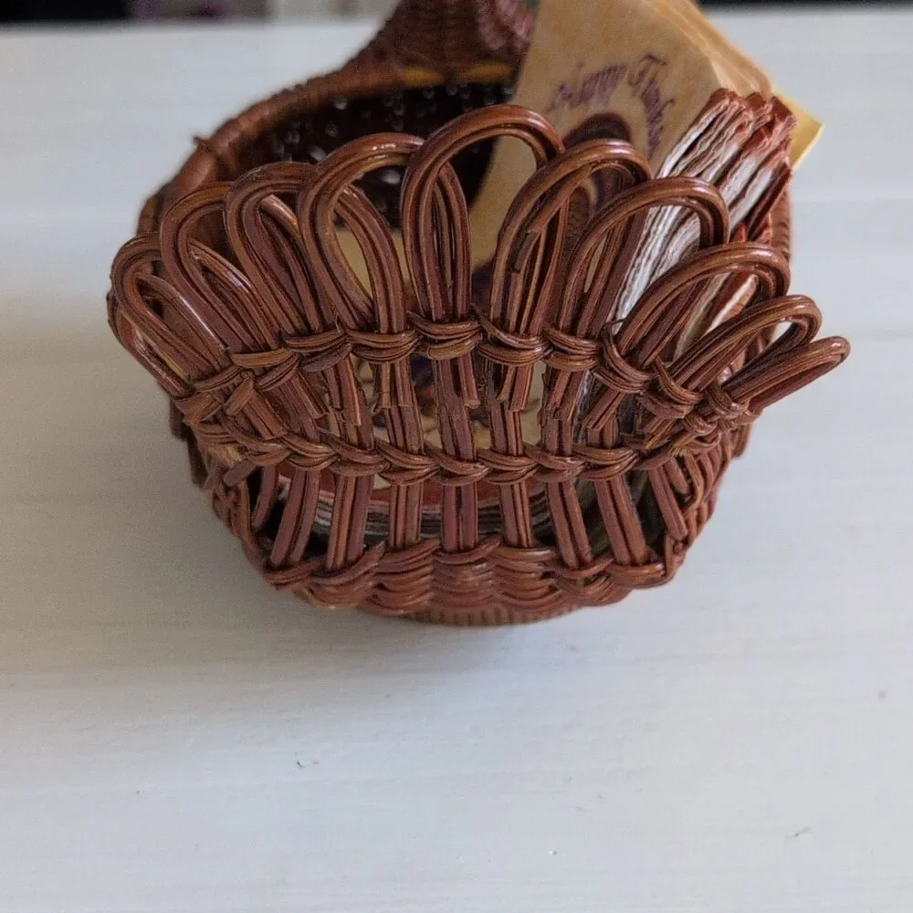 VTG Wicker Turkey Napkin Basket Holder, Woven, Handle, Thanksgiving Theme